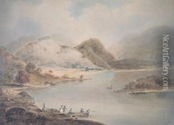 Figures Boarding A Small Ferry In A Highland Lake Landscape Oil Painting - William Anderson
