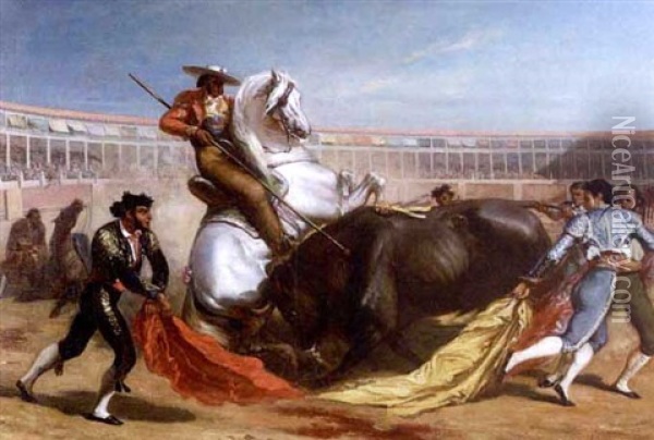 Bull Fighting Scene With White Stallion Oil Painting - Louis Eugene Ginain
