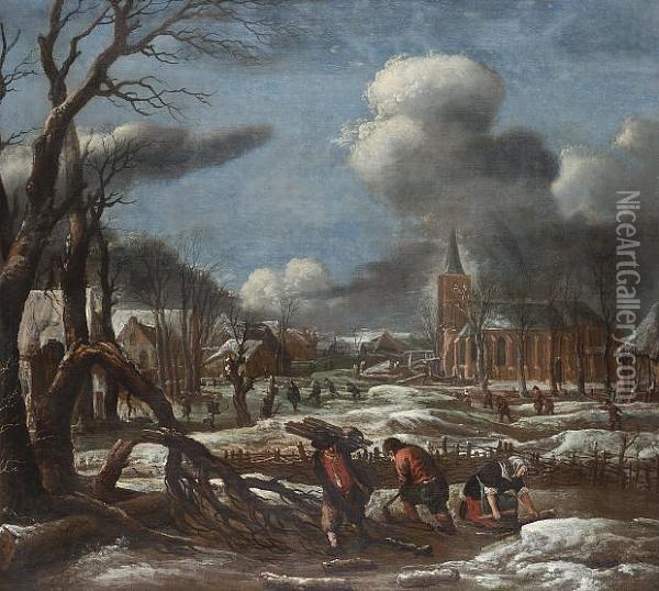 A Winter Landscape With Figures 
In The Foreground Collecting Wood, Skaters And A Village Beyond Oil Painting - Aert van der Neer