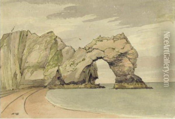 Durdle Door: The Great Nature Rock Arch Near Lulworth Oil Painting - George Cumberland