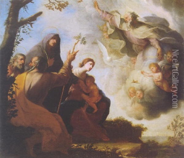 God The Father Appearing Before The Holy Family With Saints Anne And Joachim In A Landscape Oil Painting - Michele Ragoglia