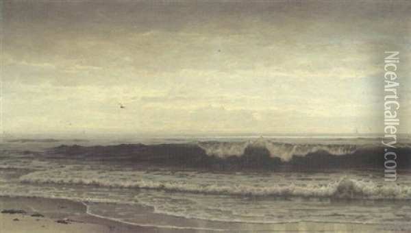 Waves Breaking On A Beach On A Cloudy Day With Sailboats In The Distance Oil Painting - William Trost Richards