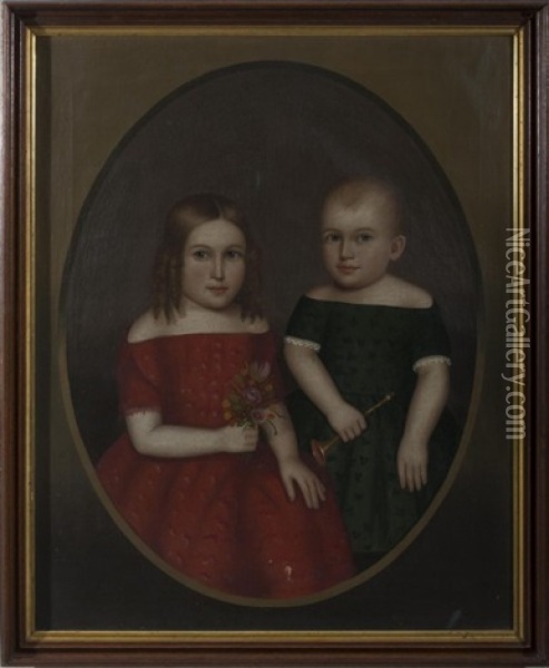 Portrait Of A Young Brother And Sister, The Boy Holding A Small Trumpet, The Girl A Bunch Of Posies Oil Painting - Horace Bundy
