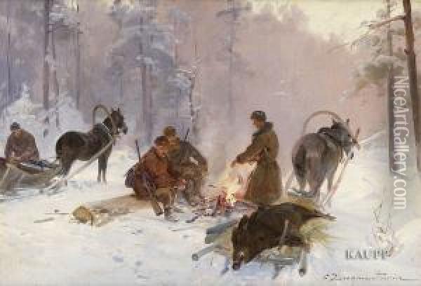 In Verschneiter Waldlichtung Biwakierende Jager, Sich An Einem Offenen Feuer Warmend Oil Painting - F. Zygmuntowicz