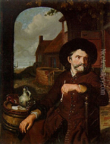 A Man Seated In A Courtyard With A Pipe, A View To The Sea Through An Arch Beyond Oil Painting - Matthys Naiveu