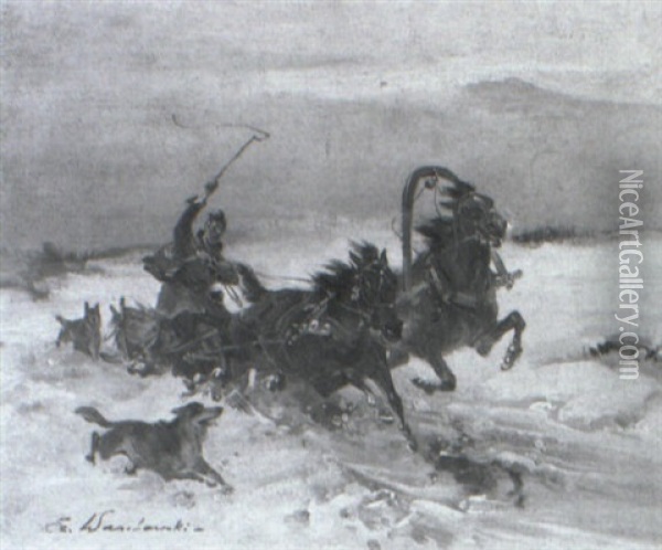 A Sleigh Ride In The Snow Oil Painting - Jan (Czeslaw) Wasilewski