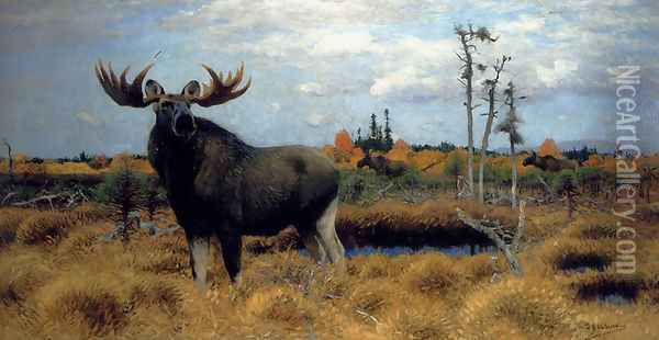 Elks In A Marsh Landscape Oil Painting - Wilhelm Kuhnert