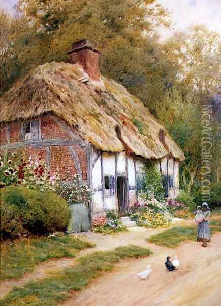 A Young Girl and Ducks by a Thatched Cottage Oil Painting - Arthur Claude Strachan