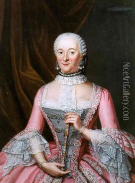 Portrait Of A Lady Wearing A Pink Dress, Holding A Fan Oil Painting - Tiebout Regters