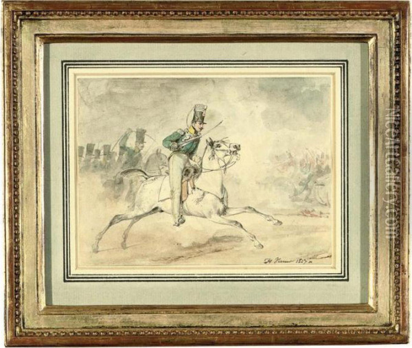 A Cavalryman Charging In The Midst Of Battle Oil Painting - Horace Vernet