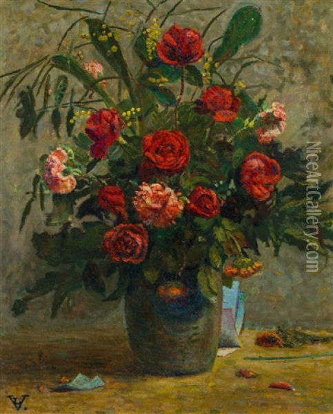 Vase Mit Roten Blumen Oil Painting - Ludovic Vallee
