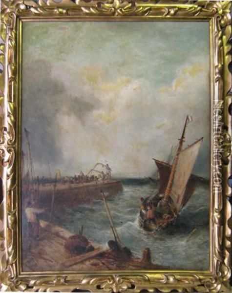 Coastal Scene In Rough Waters Oil Painting - William Edward Webb