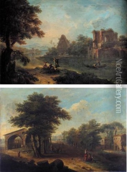 A Capriccio Of Roman Ruins By A Wooded River Landscape With Figures By A Ruin And A Pyramid (+ Figures On A Road In A Village With Classical Ruins; Pair) Oil Painting - Paolo Anesi