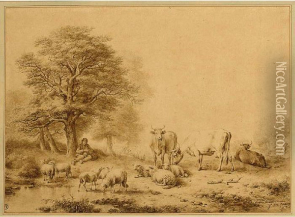 A Wooded Landscape With A Shepherd Resting With His Flock Oil Painting - Eugene Joseph Verboeckhoven