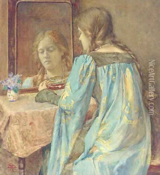 Lady in medieval dress at her toilette Oil Painting - Henry Meynell Rheam