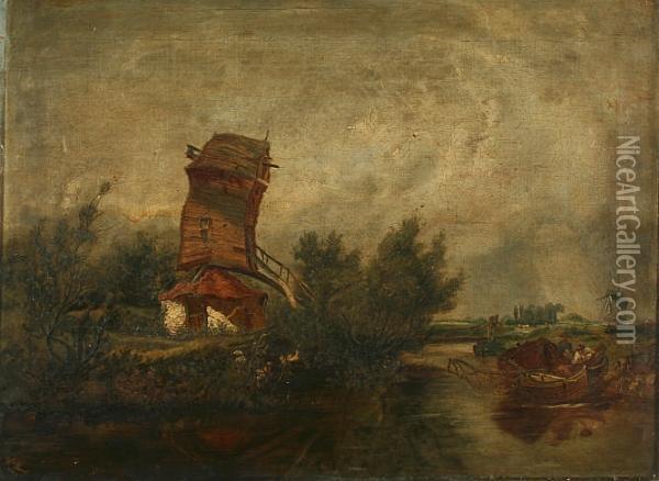 River Landscape With Men In A Boat By A Mill Oil Painting - William Howes Hunt