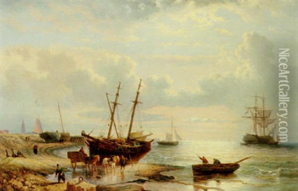 A Coastal Scene Oil Painting - George Willem Opdenhoff