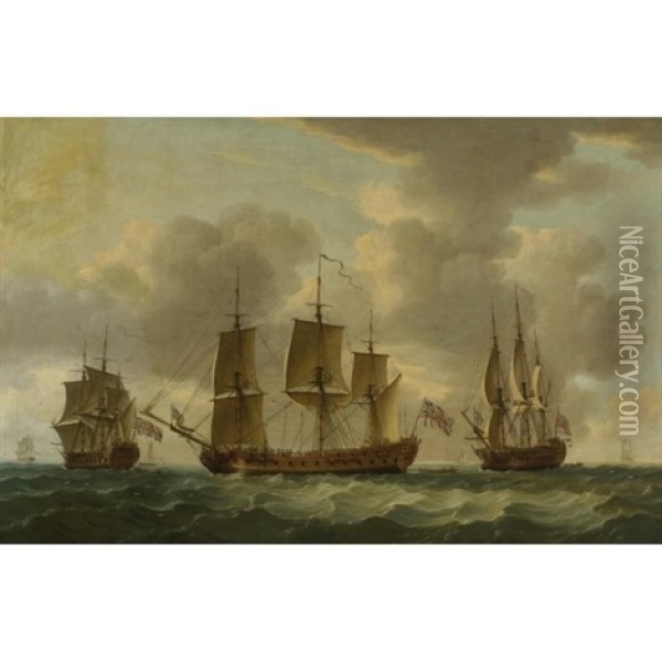 The Frigate H.m.s. Pallas In Three Positions Oil Painting - John Cleveley
