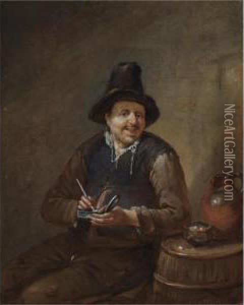 A Peasant Filling His Pipe, Sitting Next To A Barrel Oil Painting - Egbert Jaspersz. van, the Elder Heemskerck