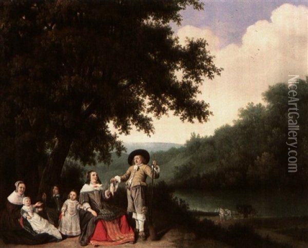 Portrait Of The De Meer Family In A River Landscape Oil Painting - Gonzales Coques