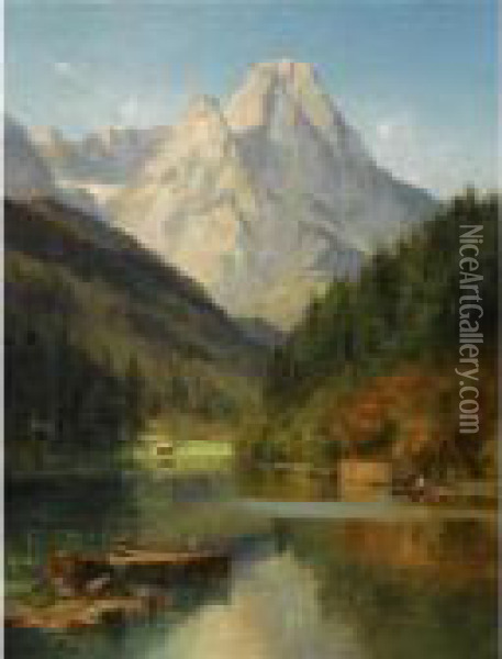 A Lake At The Foot Of A Mountain With Figures In A Row Boat Oil Painting - Karl Adam Heinisch