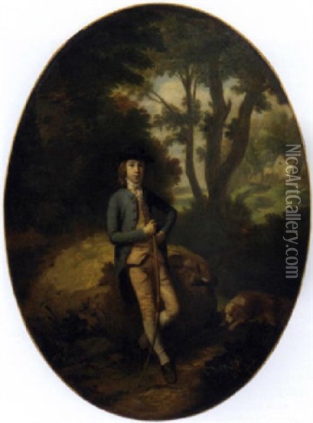 Portrait Of Frederick Howard, 5th Earl Of Carlisle, Standing In A Landscape, Holding A Bow, With A Rabbit And A Dog Oil Painting - Thomas Gainsborough