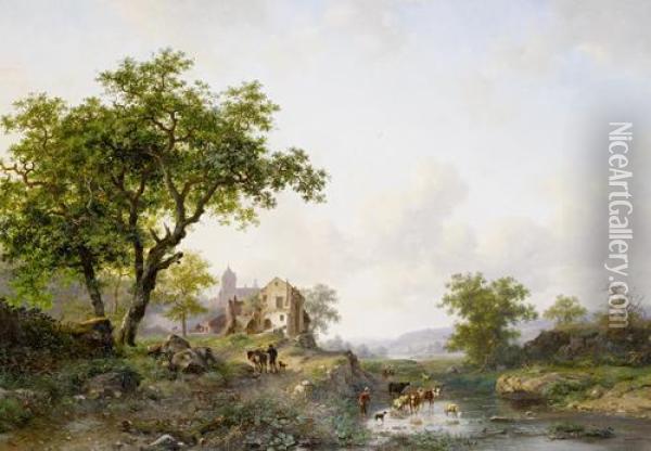 Summer Landscape With Cattle Near A River Oil Painting - Frederik Marianus Kruseman