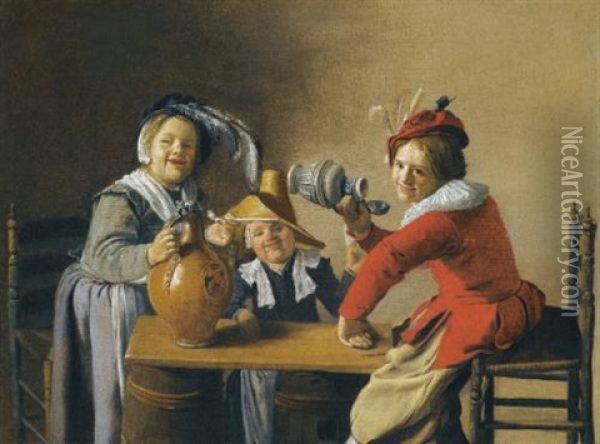 An Interior With Three Children Making Mischief Around A Table With Jugs And A Pipe Oil Painting - Jan Miense Molenaer