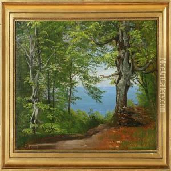 Forest Glade With A View To The Sea Oil Painting - Carl Frederick Aagaard