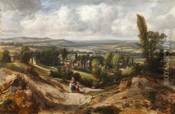 Woman And Child In A Landscape Oil Painting - Thomas Creswick