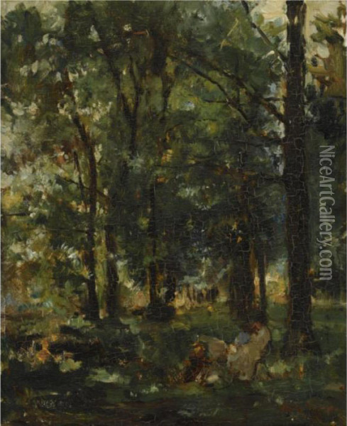 Resting Figures In A Forest Landscape Oil Painting - Albert Roelofs