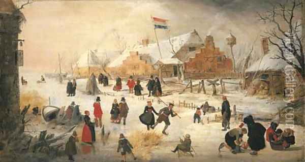 A winter landscape with elegant figures skating on a frozen river Oil Painting - Hendrick Avercamp
