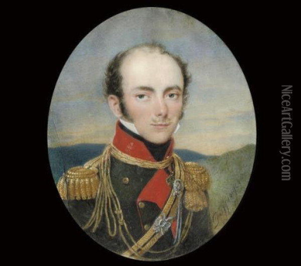 An Austrian Officer Of Uhlans, 
In Black Uniform With Scarlet Collar And Facings, Gold Epaulette And 
Cap-lines; Sky And Landscape Background Oil Painting - Moritz Michael Daffinger