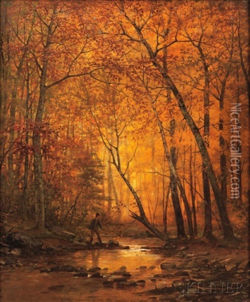 Wayfarer By A Stream, Autumn Oil Painting - John Adams Parker