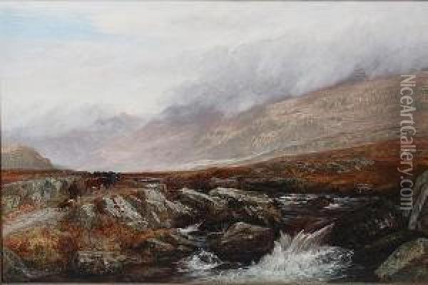 Highland Scene With A Drover And Cattle On A Riverside Path In The Foreground Oil Painting - Charles Thomas Burt