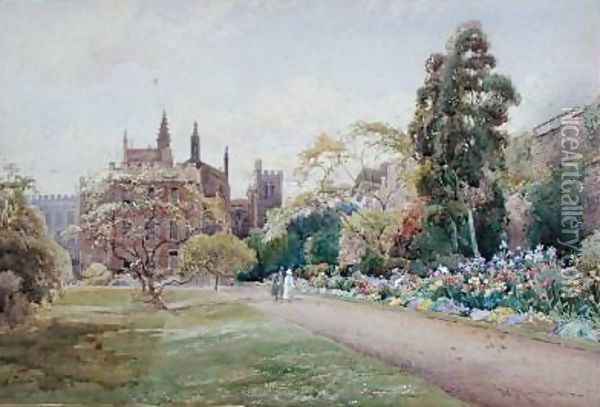 The long walk and flower border in May New College Oxford 1918 Oil Painting - William Matthison