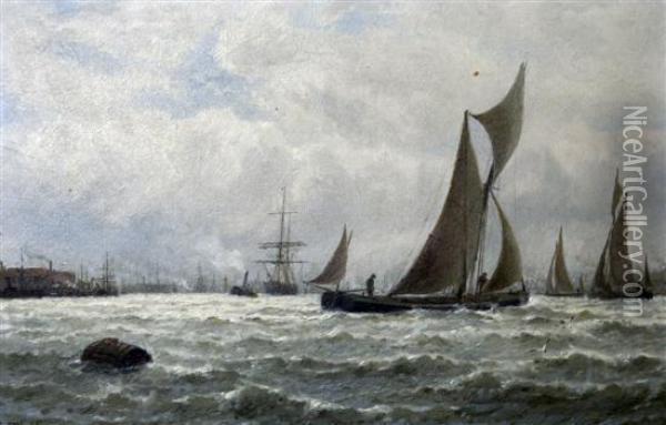 Barges On Blackwall Reach Oil Painting - George Stanfield Walters