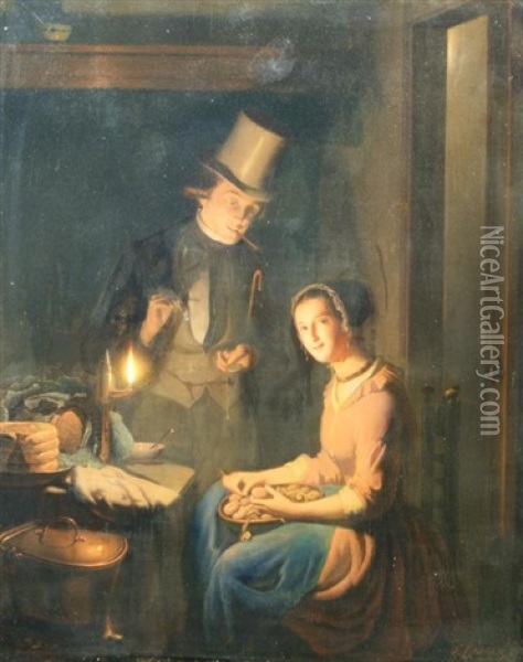 Aardappelschillende Vrouw Met Heer In Het Duister Oil Painting - Johannes Rosierse