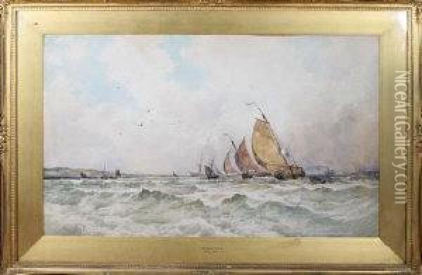 Dutch Shipping Off The Coast In A Stiff Onshore Breeze Oil Painting - Thomas Bush Hardy