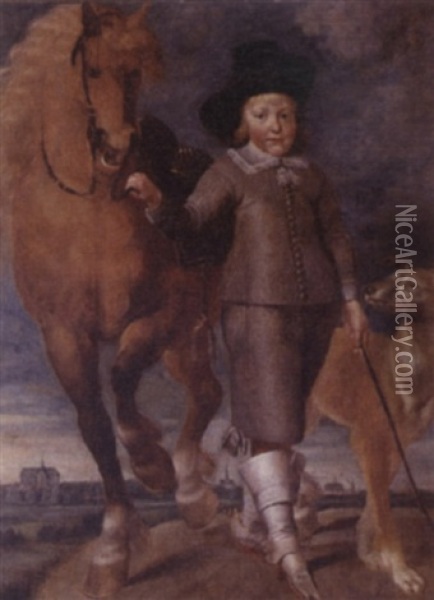 Portrait Of A Boy Standing In A Landscape, The Town Of Alkmaar In The Distance Oil Painting - Matthijs van den Bergh