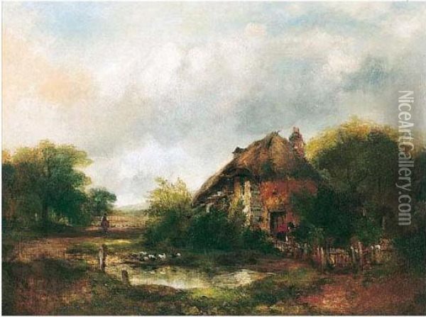 A View With A Cottage And Ducks On A Pond Oil Painting - Frederick Waters Watts