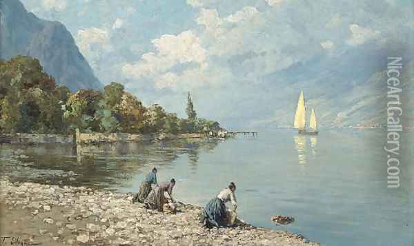Washerwomen on a North Italian lake Oil Painting - Ferdinando Silvani