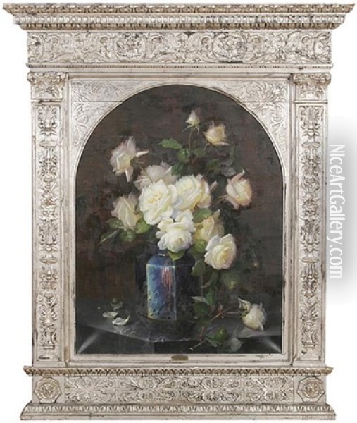 Stilleben Mit Weisen Rosen In Blauer Vase Oil Painting - Marie Nyl-Frosch