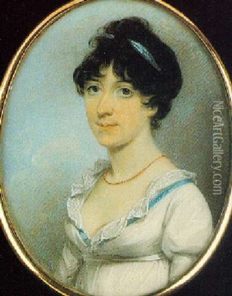 Mrs. Louisa Turner Wearing Decollete White Dress Trimmed With Blue Ribbon Oil Painting - George Engleheart