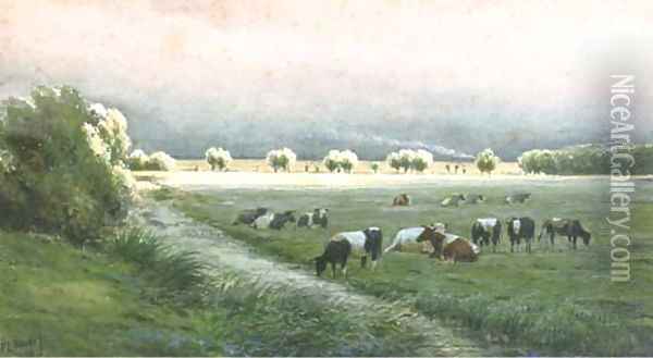 Cows in a polder landscape Oil Painting - Pieter Louis Hoedt