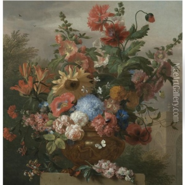 A Still Life With A Sunflower, Hollyhocks, Lilies, Poppies, Honeysuckle And Other Flowers In A Sculpted Stone Vase On A Plinth Before A Classical Pavilion Oil Painting - Jakob Bogdani