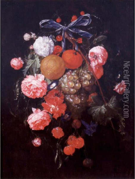 A Bouquet Of Flowers And Fruit 
With Pea Pods, Tied Together With A Blue Ribbon And Hanging From A Nail Oil Painting - Cornelis De Heem