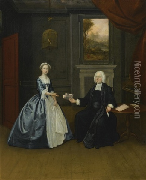 Portrait Of The Reverend Thomas D'oyly With His Wife, Henrietta Maria, Full-length In An Interior Oil Painting - Arthur Devis