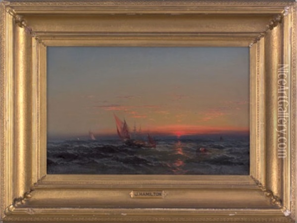 Seascape With Ships At Sunset Oil Painting - James Hamilton