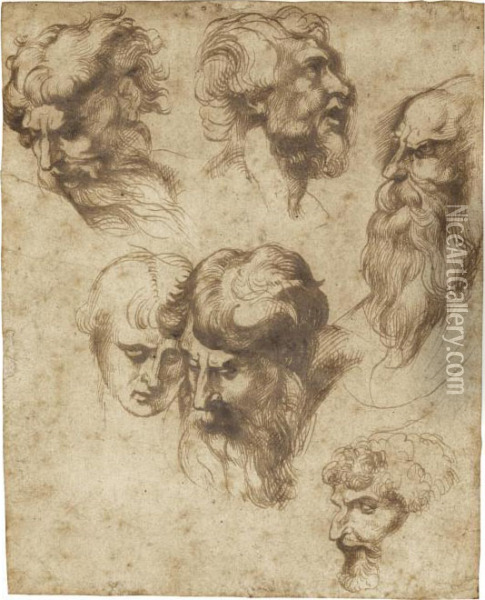 Studies Of Six Male Heads, After Raphael Oil Painting - Peter Paul Rubens